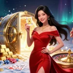 Experience gk88 excitement with a stunning casino scene featuring a beautiful young woman at a roulette wheel.