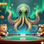 Experience thrilling poker action with LUWAKPOKER in an ultra-detailed 3D illustration of a kraken, diving cat and game elements.