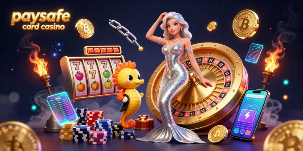 Erleben Sie die Aufregung des Paysafe Card Casinos mit einer atemberaubenden Frau an einem goldenen Roulette-Rad, lebhaften Casino-Elementen.