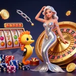 Erleben Sie die Aufregung des Paysafe Card Casinos mit einer atemberaubenden Frau an einem goldenen Roulette-Rad, lebhaften Casino-Elementen.