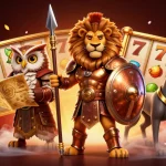 Spin the slot 10k with a Spartan lion and strategic owl amidst vibrant casino elements