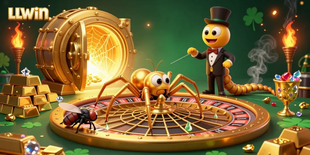 Experience thrilling bets at LLWIN with a dynamic illustration of a golden spider and croupier in a vibrant casino scene.