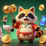 Experience the vibrant world of 33Win with a cheerful tanuki and fortune cats surrounded by crypto elements.