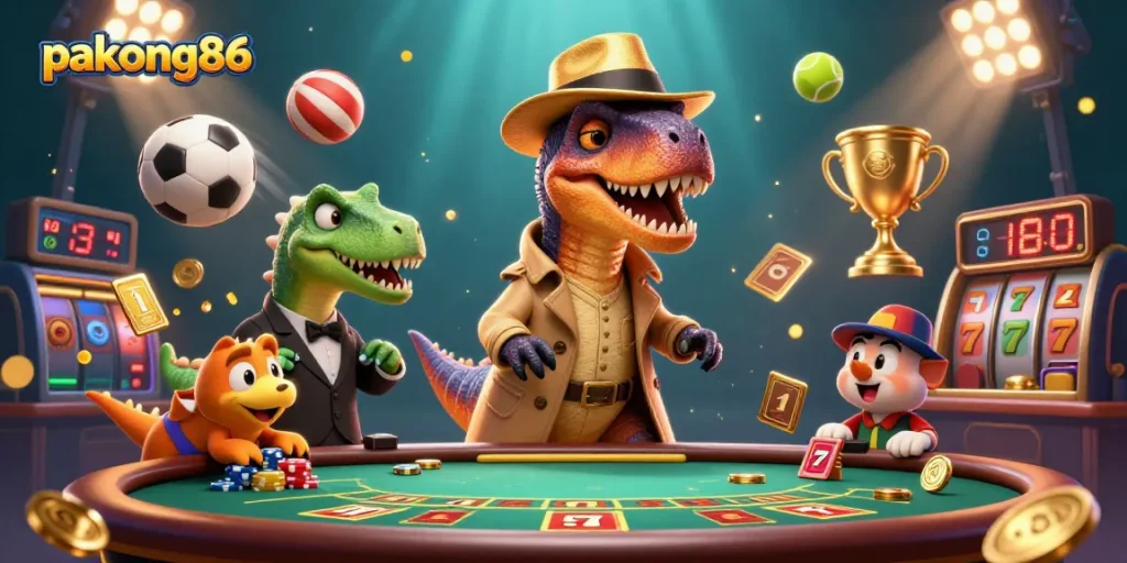 Engage with pakong86 at a lively casino scene featuring dynamic characters and vibrant game elements.