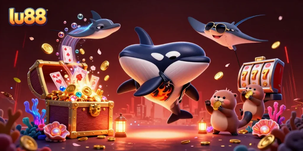 Experience the thrill of lu88 with vibrant characters and casino elements celebrating a winning moment.