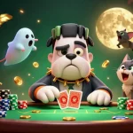 Join the 123hero poker table with a fun 3D cartoon scene of a Frankenstein bulldog dealer.