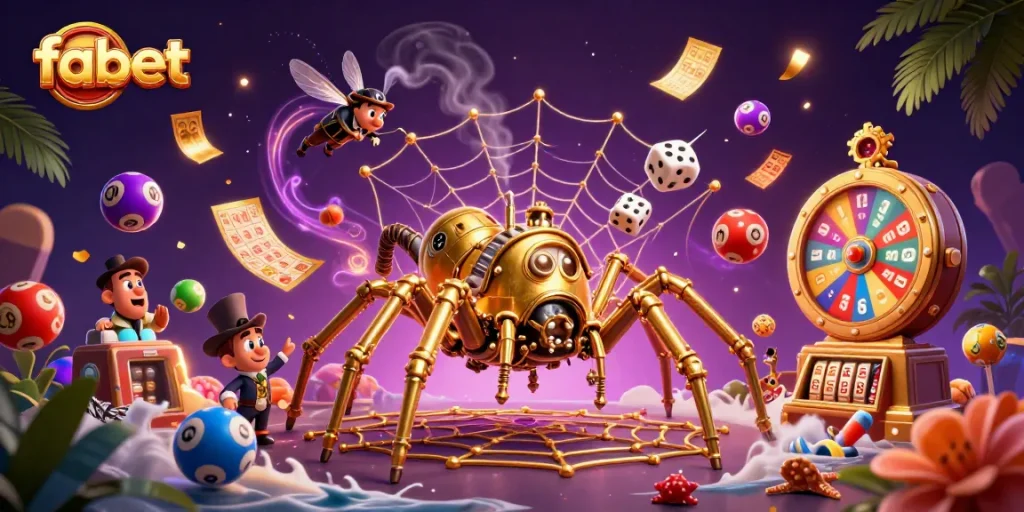 Experience stunning gaming action with fabet, a steampunk spider catching dice amidst a vibrant casino scene.