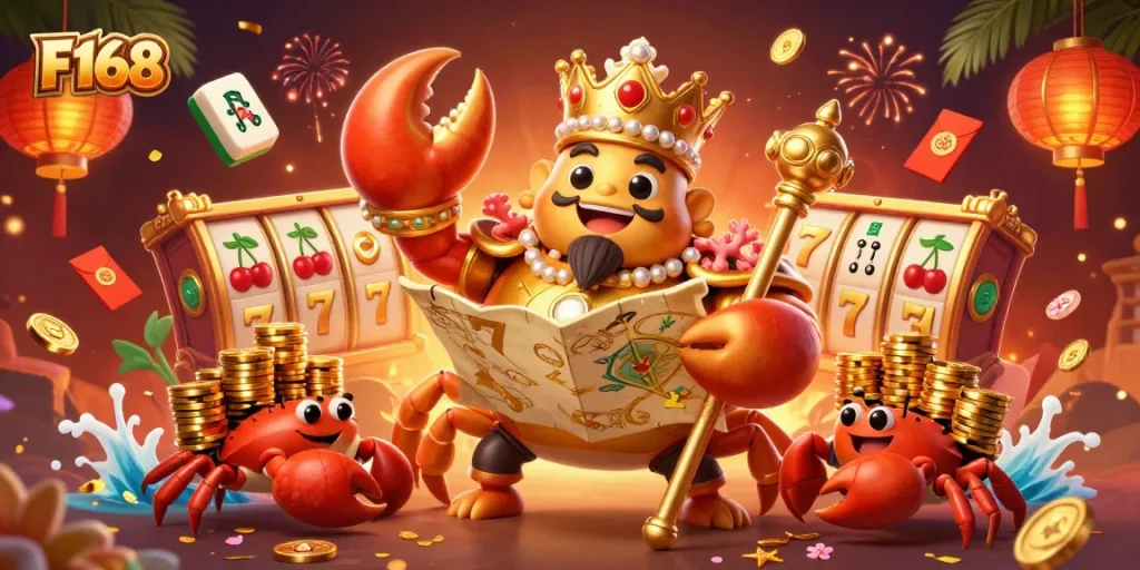 Experience exciting slots with F168's dynamic gaming scene, featuring a golden crab emperor ruling the casino.