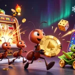 Experience thrilling gameplay in vn168 with ants heisting a giant poker chip amid cascading casino elements.