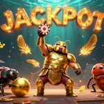 Experience F168's thrilling victory with a golden poker chip and jackpot celebrations in this vibrant illustration.