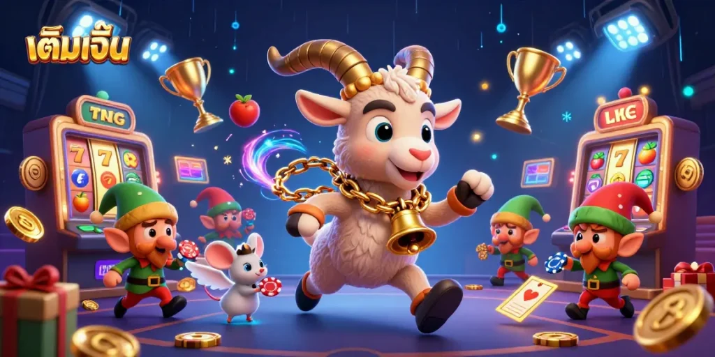 เติมเงิน your casino experience with a playful Krampus and lively characters in a vibrant gaming scene.