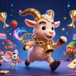 เติมเงิน your casino experience with a playful Krampus and lively characters in a vibrant gaming scene.
