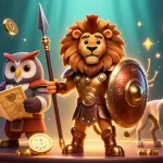 Engage with ROKOK88's vibrant casino environment featuring a Spartan lion and crypto coins.