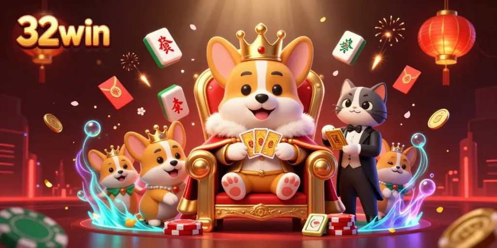 Experience the charm of 32win casino with a royal corgi and its lively entourage in a vibrant casino scene.