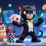 Engage with XX88 players as a panther deals cards amidst vibrant poker elements and cryptocurrencies.