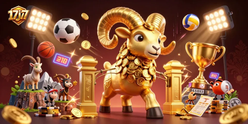 Engage with 17j77's vibrant scene showcasing a golden ram charging at a gate amidst dynamic sports elements.