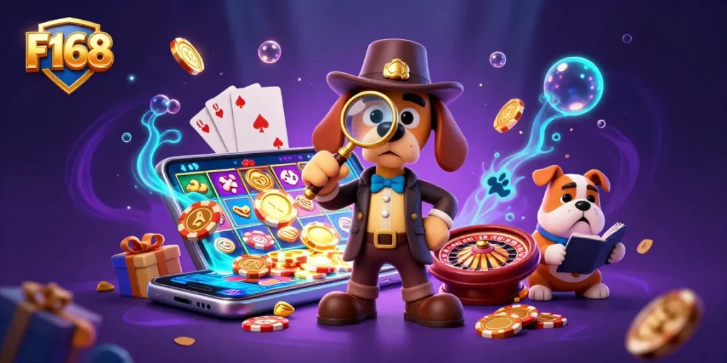 Join the thrilling world of F168 as a detective uncovers hidden treasures in a vibrant casino scene.