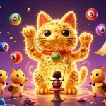Experience excitement with myhm88 as golden fireflies create a lucky cat in a vibrant casino world.
