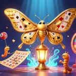 Zoccer casino illustration featuring a vibrant blend of lottery balls, golden tickets, and a majestic atlas moth, highlighting casino excitement.