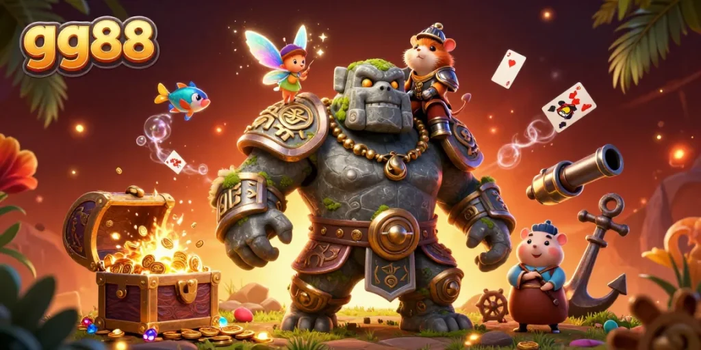 Experience thrilling wins at gg88 with magical golems and vibrant treasure amidst a dynamic casino scene.