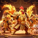 Engage in thrilling battles at XX88 casino with a golden rooster and dragon amidst sparks and coins.