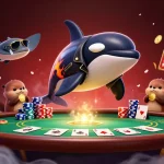 Experience the excitement of gambling with rokok88 login, featuring a dynamic orca and otters surrounded by poker elements.