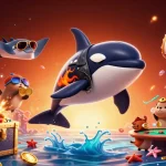 Zoccer casino experience featuring an orca whale and sea otters amid vibrant slots and casino elements.