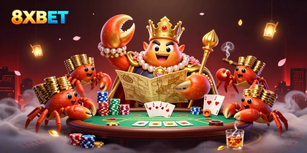8XBET offers exciting poker games with a golden crab emperor leading the action and vibrant gameplay elements.
