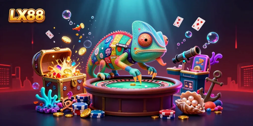 LX88 chameleon casino owner snatches golden coins in a vibrant underwater scene with dynamic game elements.