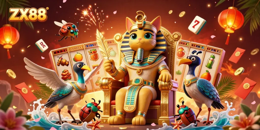 Join the excitement at ZX88 with lucky slot reels and jackpot thrills in a stunning casino illustration.