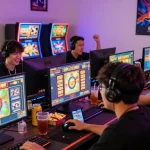 Excited players enjoying slot gacor games in a lively gaming room.
