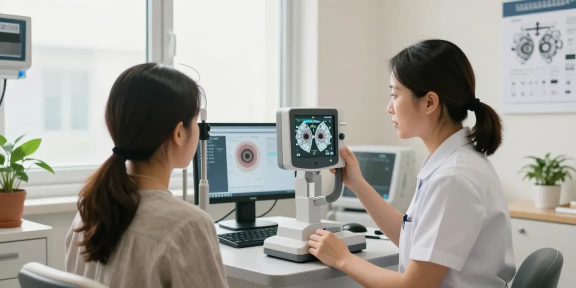 Eye care professional consulting with a patient during an eye examination, showcasing precision in eye care services, page guide guide integrated into personalized vision assessment.