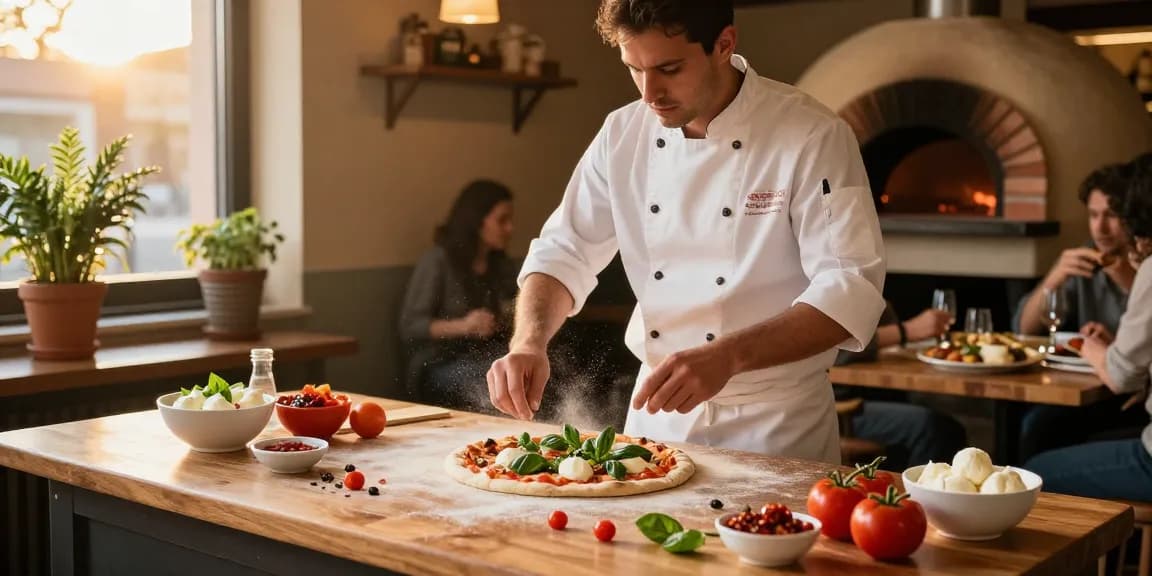 Delicious pizzeria scene showcasing the art of making pg soft pizza with fresh ingredients and a warm atmosphere.