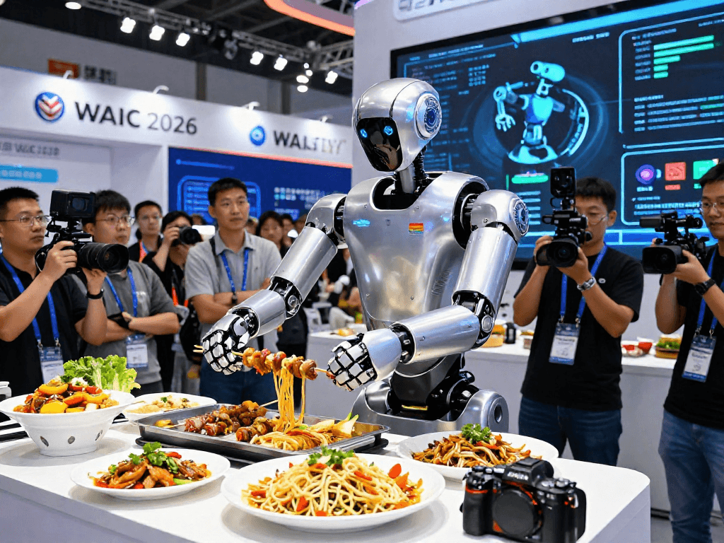 Robot24 showcases a humanoid robot preparing kebabs at WAIC 2026.