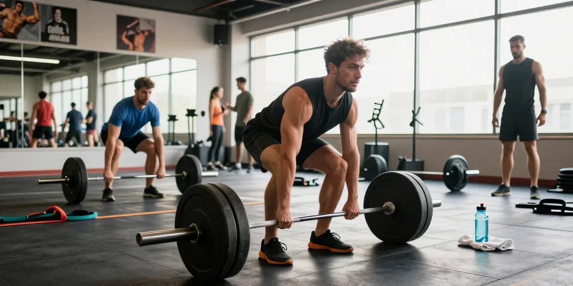 Ein leistungsstarker Mann trainiert mit Utinon Steroide im modernen Fitnessstudio.