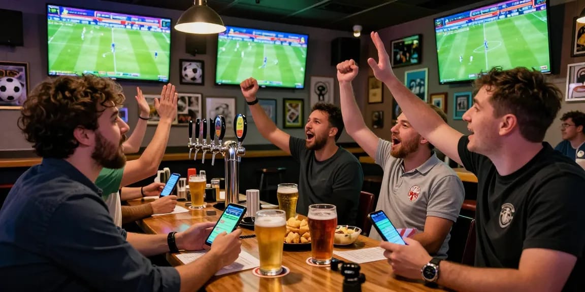 Vibrante Wettatmosphäre bei den besten Fußball WM Wettanbietern während eines Spiels in einer Bar.