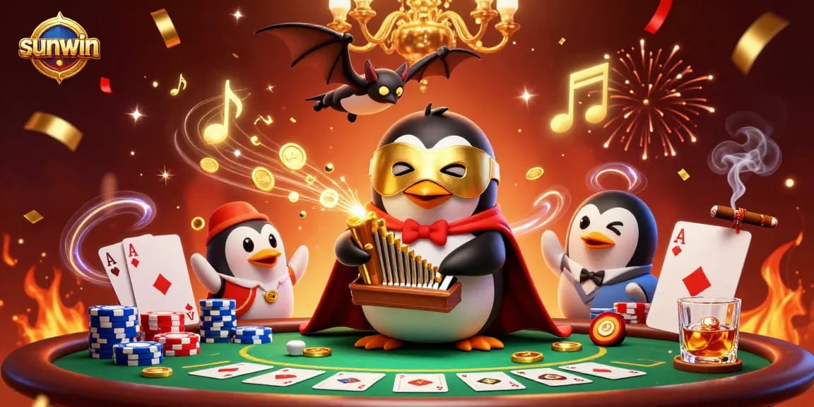 Experience thrilling gameplay at sunwin with a lively scene of a penguin organist and acrobatic bat.