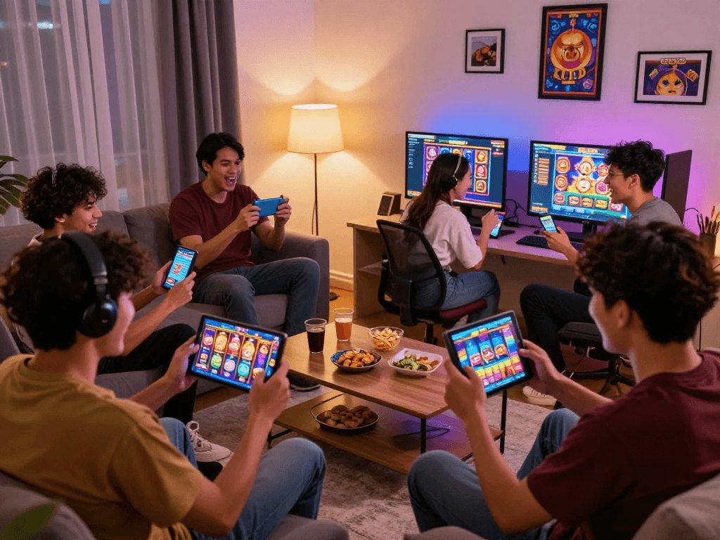 Excited friends enjoying gacor slot games on mobile devices in a cozy living room.