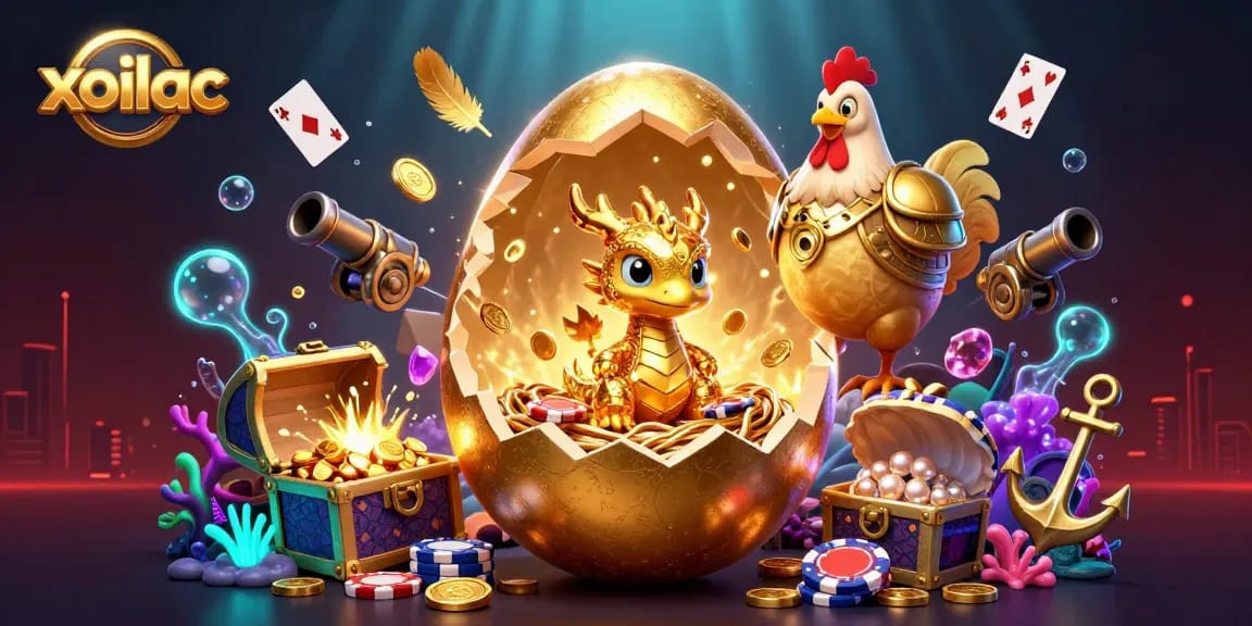 Experience thrilling wins with xoilac's golden dragon emerging from poker chips amidst vibrant casino elements.