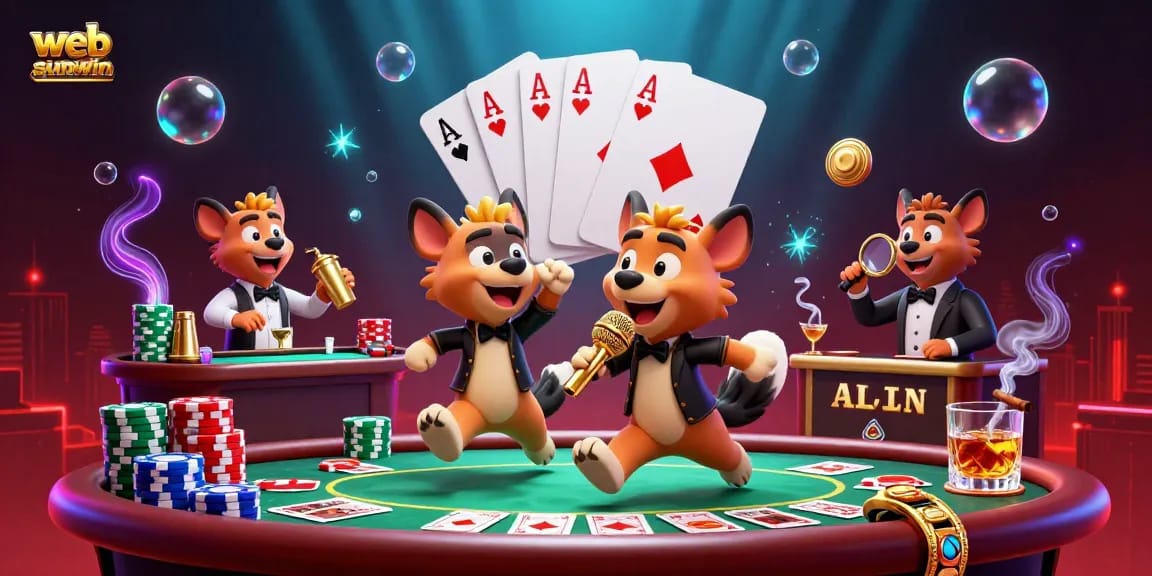 Experience the vibrant energy of web sunwin's comedy casino with hyenas mixing drinks, performing on stage, and checking IDs.