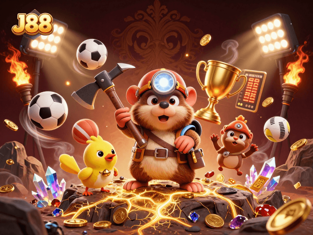 Experience dynamic sports betting at J88 with 3D animated characters in a vibrant casino scene.