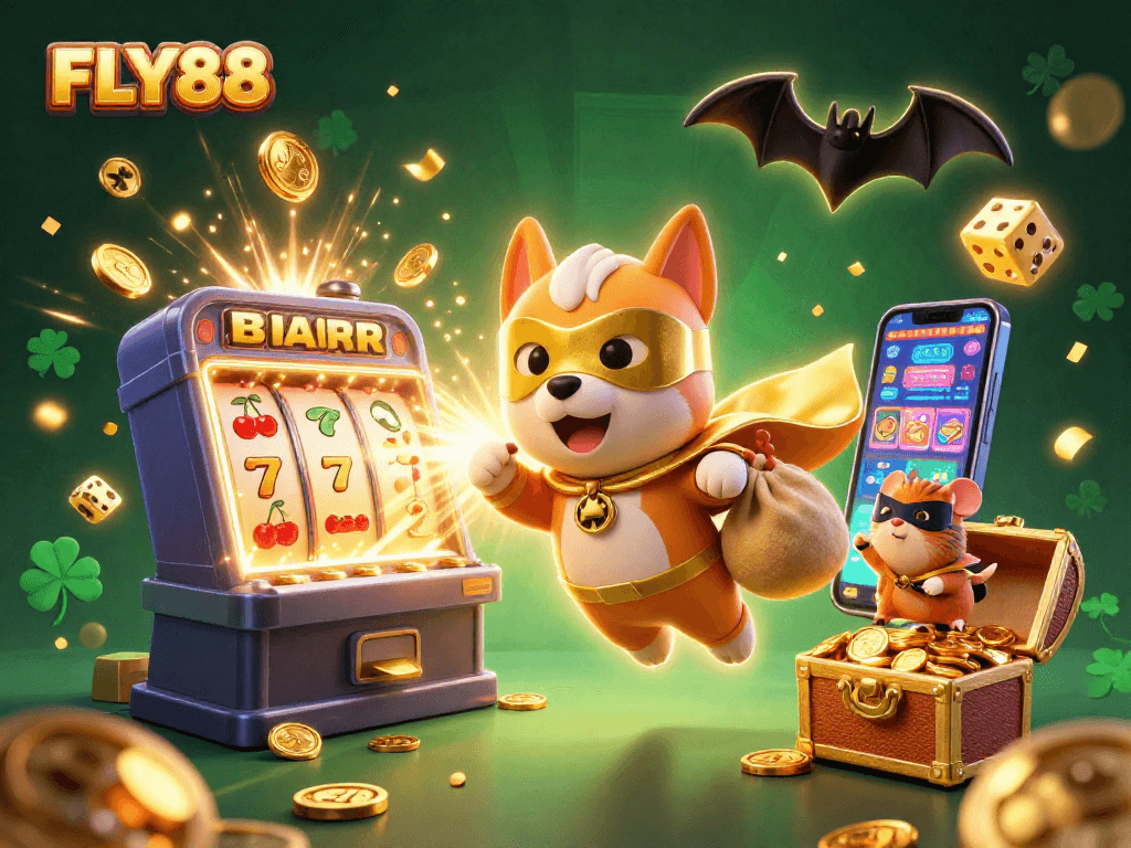 FLY88 offers a thrilling casino experience with a superhero dog flying alongside vibrant slot symbols and gold coins.