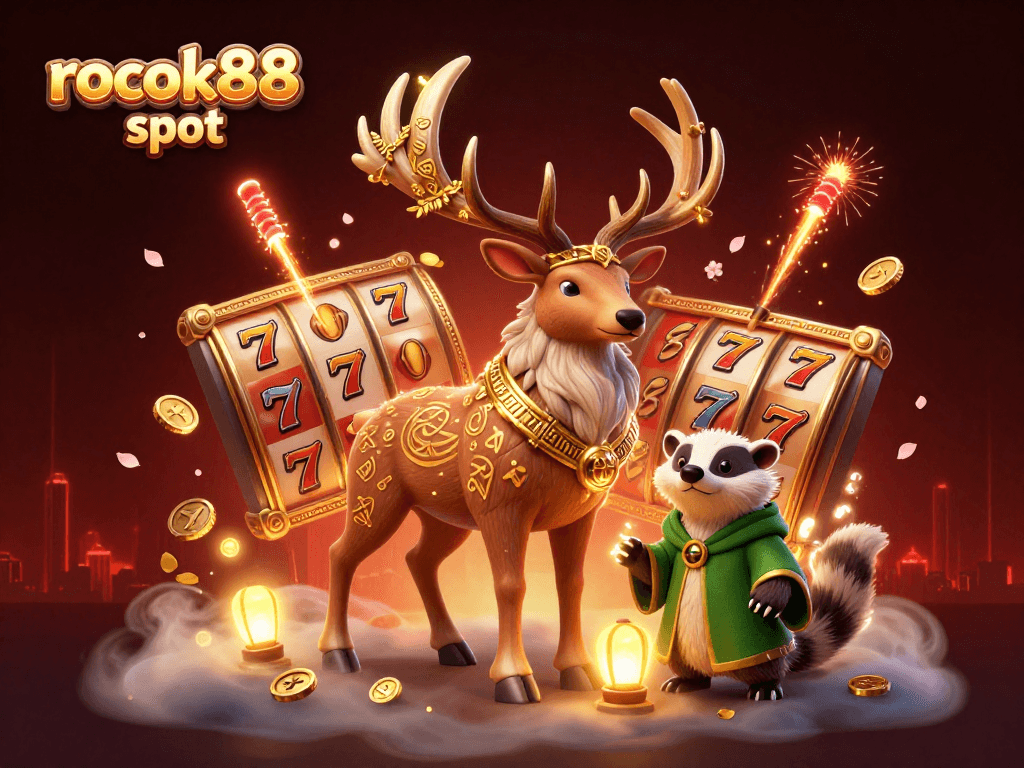 Experience the thrilling rokok88 slot with animated characters and casino elements in a dynamic scene.