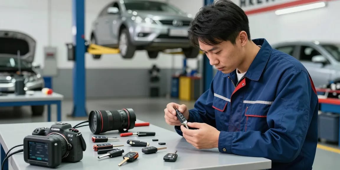 Mechaniker zeigt Schlüsselprobleme bei Auto mit Bitte schön Lösungen für Autoschlüssel.