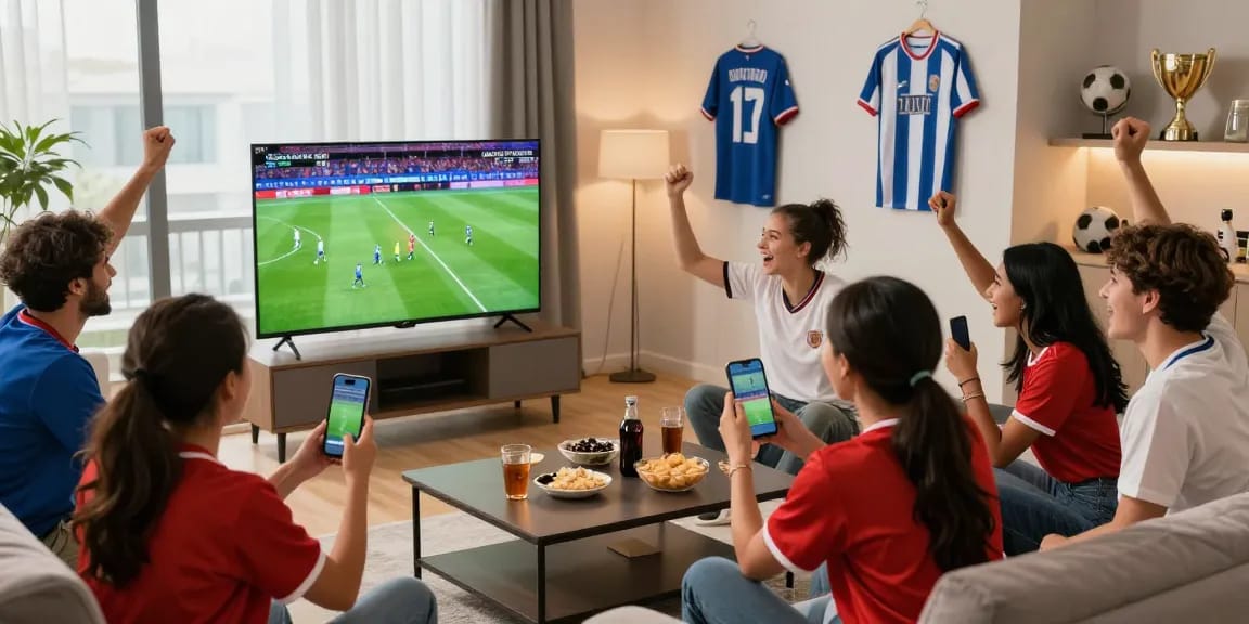 Friends enjoying IHD Sports الرسمي live football match in a vibrant living room