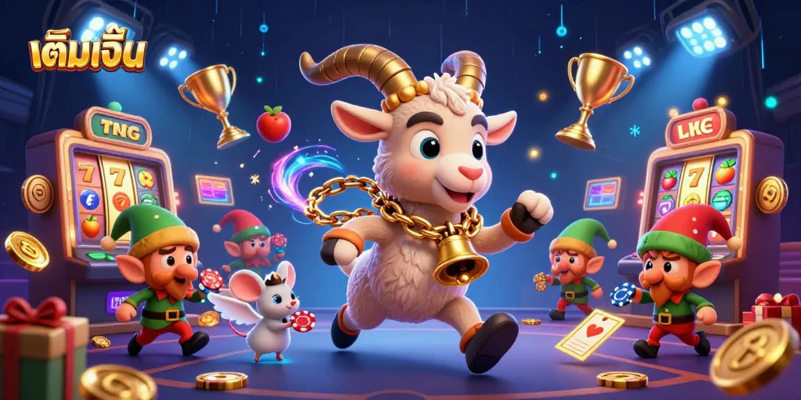 เติมเงิน your casino experience with a playful Krampus and lively characters in a vibrant gaming scene.