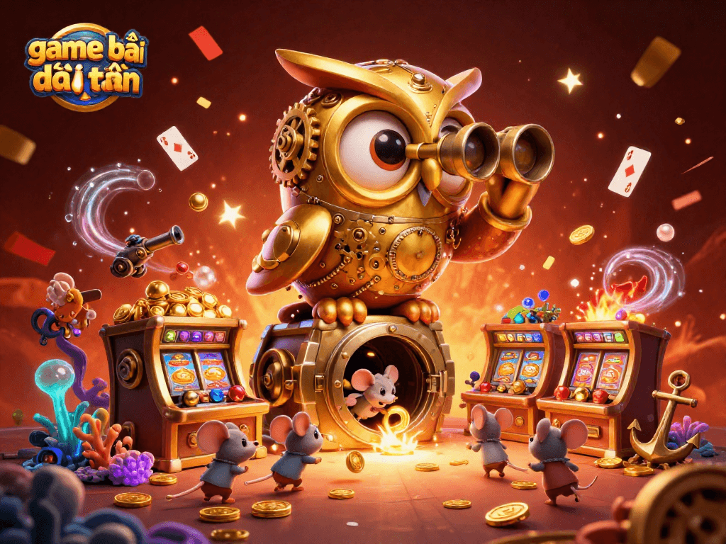 Experience the excitement of game bài đổi thưởng with a vibrant 3D casino scene featuring an adventurous owl and charming mouse.
