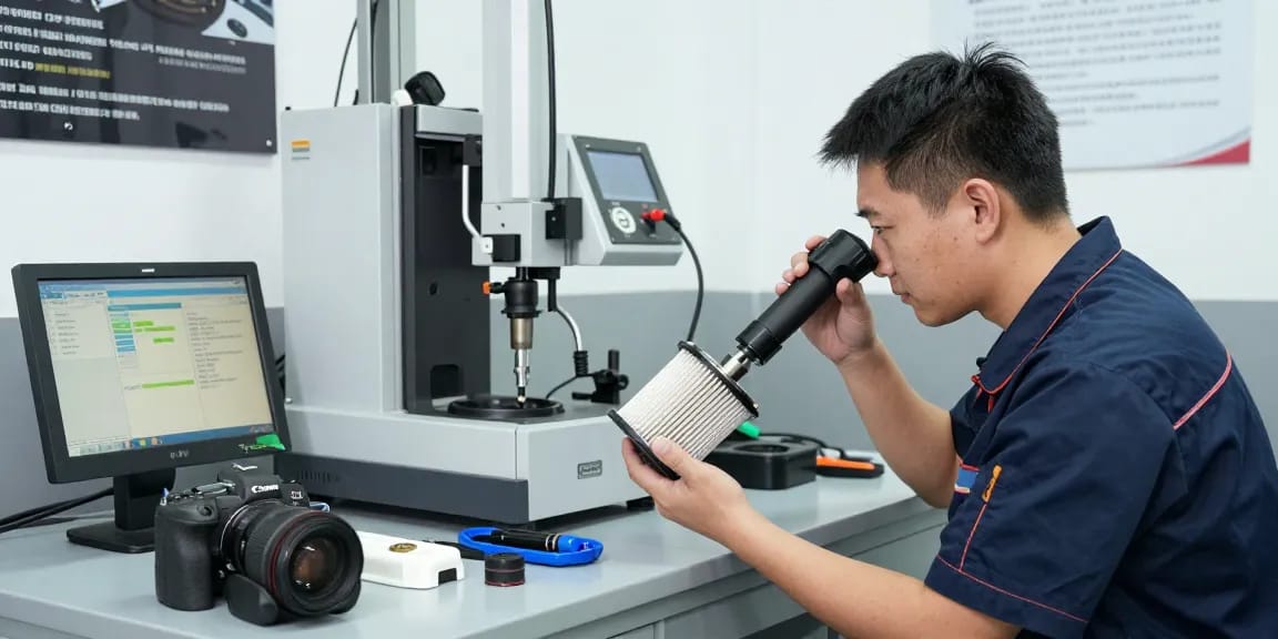 DPF Reinigung Hannover - Fachtechniker bei der Überprüfung und Reinigung eines Dieselpartikelfilters in einer modernen Werkstatt.