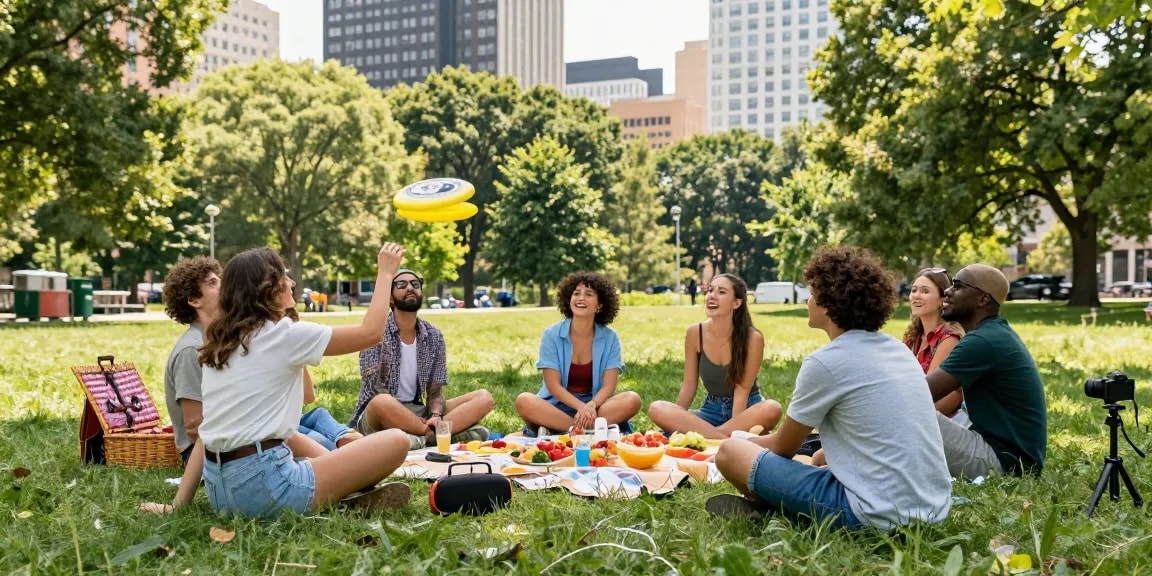 Friends enjoying a day at the park with Motchill vibes, relaxing and having fun together.