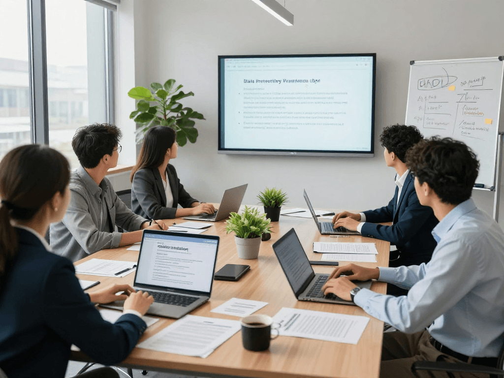 Startseite showcasing a professional team discussing data protection solutions in a modern office setting.